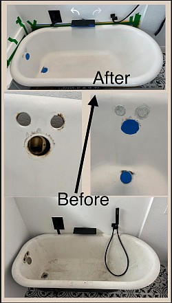 . Before: Severe damaged clawfoot tub with holes and corrosion. After: Beautiful, glossy, fully restored. Details: Durable coating, long-lasting results.