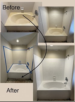 Before: Old bathtub and walls with chips, cracks, and discoloration. After: Freshly refinished tub and walls with a smooth, refreshed surface. Details: Specialized techniques and meticulous work brought both the tub and walls back to life.