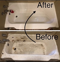 Before: Severely worn bathtub with stains, scratches and surface damage. After: Fresh, bright, like-new appearance. Details: Durable coating with no unpleasant odours.