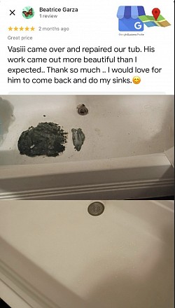 (Click to see the full review) “ Vasiii came over and repaired our tub. His work came out more beautiful than I expected.. Thank so much .. “ - Beatrice Garza, San Antonio ⭐️⭐️⭐️⭐️⭐️